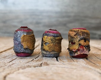 3 Handmade Fabric Beads - Fiber Art Beads - Textile Art Beads - Hippie Boho Bead - Focal Beads