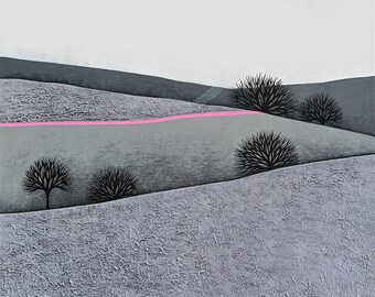 Intermission 7 - Archival 8x8 Art Print - Contemporary Winter Landscape Painting - Grey, Neon Pink - by Natasha Newton