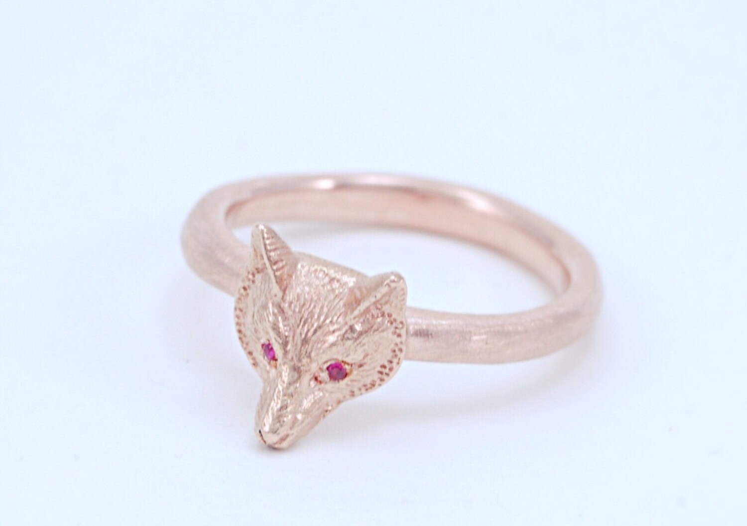 Fox Ring Solid 14k Rose Gold Fox Head with Genuine Ruby