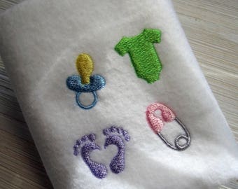 Baby embroidery design, mini baby items ,pacifier, baby feet, safety pin, bodysuit 4 designs, one size each design,