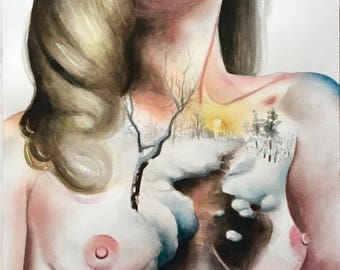 Winter Heart ~ Professional Art Print ~ Winter/Sunset/Figure/Landscape Watercolor Home Decor