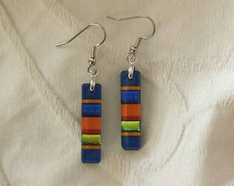 Blue dichroic glass earrings, Blue, orange and green dichroic glass jewelry, Fused dichroic glass dangle earrings, EA214
