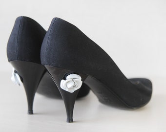 GIANNI VERSACE black white rose high heel pumps shoes Size 8