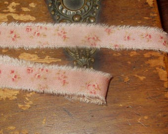 Tattered Tea Stained Fabric Ribbon Pink Petite Tiny Rosebuds Rare fabric