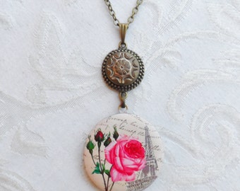 50% Off Antique Button Locket Necklace, Pink Roses in Paris, Eiffel Tower, Victorian Image