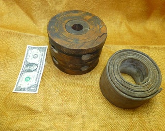 Wood pulley - primitive antique wooden machine leather lace belt-old lot