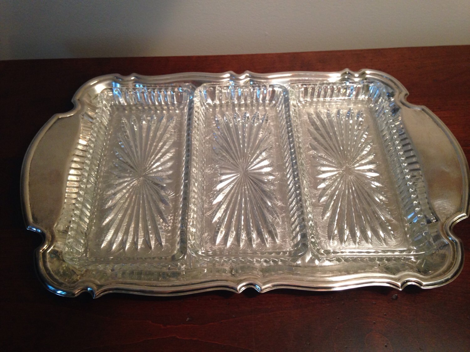 Vintage Silver Serving Tray with Glass Inserts / Antique Glass