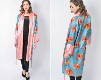 Vintage 1920's Bold Floral Print Robe/ 20's Flower Print Kimono Duster Coat