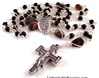 St Francis Wolf of Gubbio Rosary Beads Black Onyx w Amphibolite w Franciscan Renaissance Crucifix by Unbreakable Rosaries
