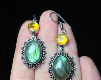 925 Stamped Rainbow Labradorite & Citrine Earrings