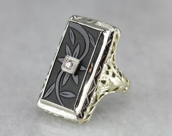 Early Art Deco Diamond Onyx Floral Statement Ring Y5CX4KTZ-N