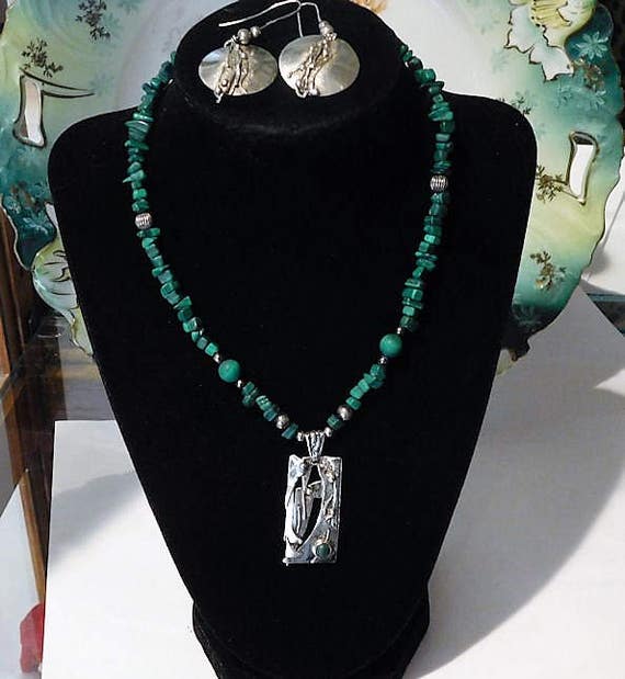 Modernist / Brutalist / Necklace Earrings / Malachite / Sterling Silver