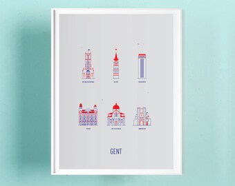 Poster Gent A3 screenprint - Blue + Red - 11.4 x 16.5 in - A3 - Clouds