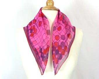 Sheer Pink Square Scarf // geometric print shawl scarf sheer polyester purple red patterned vintage 80s bandana hair wrap rockabilly scarf