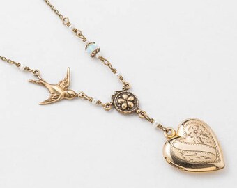 Heart Locket, Locket Necklace in Gold Filled with Genuine Pearl, White Opal, Bird Charm, Leaf & Flower Engraving, Vintage Jewelry, Gift