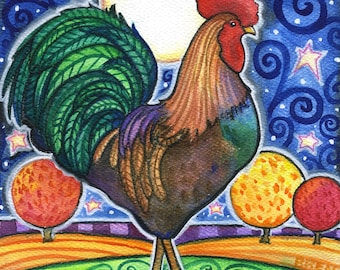 Rooster - 8x10 Colorful Rooster Moon Star Print