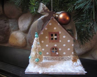 Putz house, christmas, gift, charming, vintage styled,village, deer, bottle brush trees
