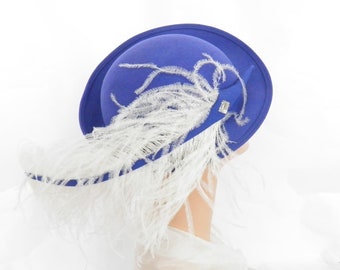 Vintage blue hat, white ostrich feather, bowler tilt