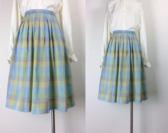 vintage cotton plaid pleated midi skirt size S/M