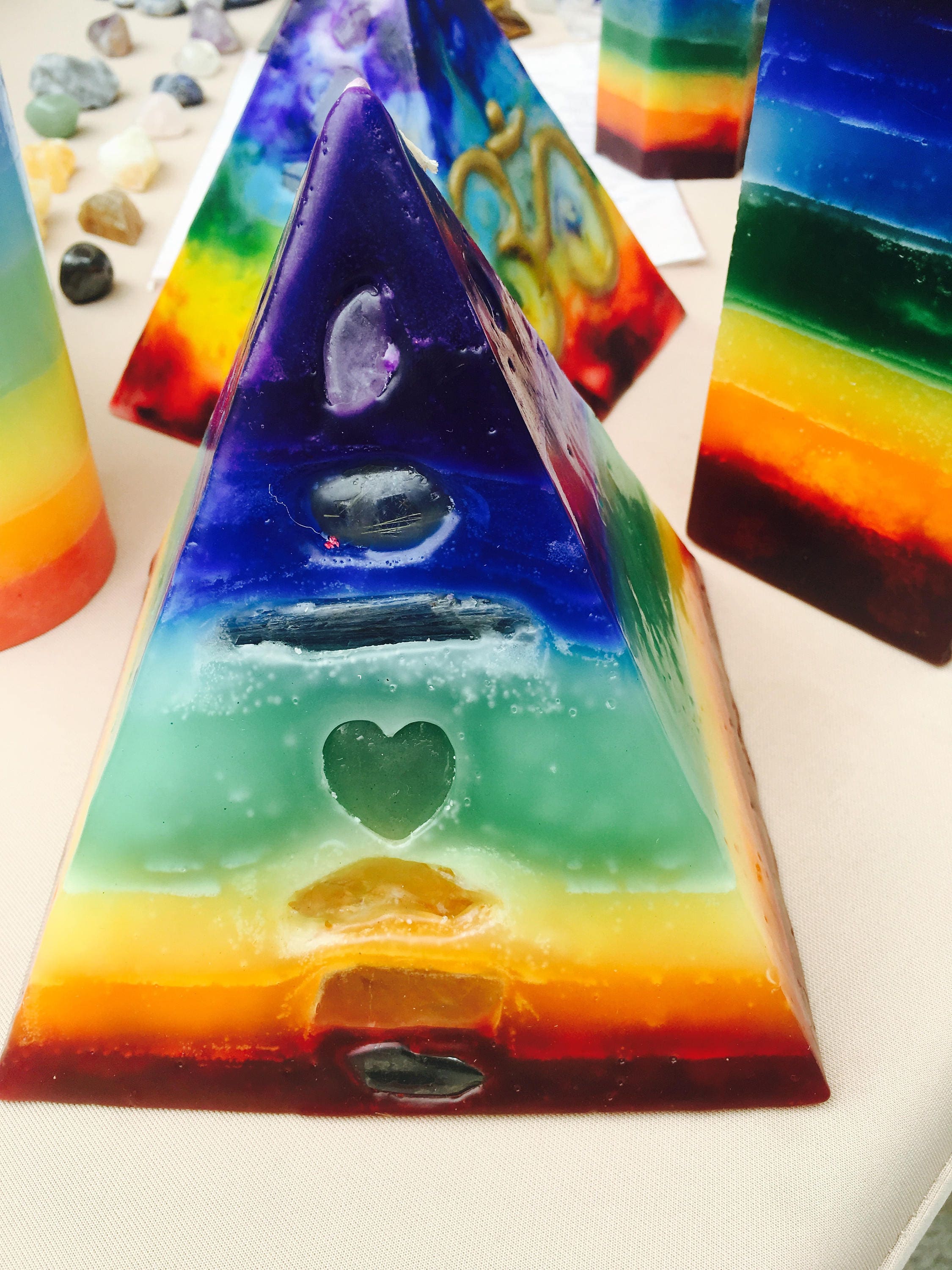 Crystal Candle 7 Layer Chakra Pyramid Candle with inlaid
