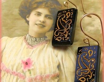 Antique BUTTON earrings, Victorian glass on GOLD with leaf design. One of a kind button jewellery.