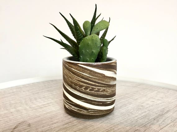 Ceramic mini planter- handmade succulent pot- brown and white- marbled clay