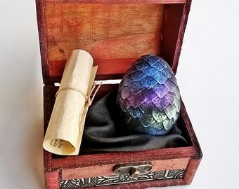 Dragon Egg Dark Rainbow & Dragon Story in Wooden Chest, Iridescent Dragon Egg Cosplay Prop, Dragons Fantasy Fandom Geek Gift Dragons Geekery