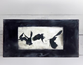 Crow Dance. Mixed media encaustic art. Birds, crows, gifts for bird-lovers.