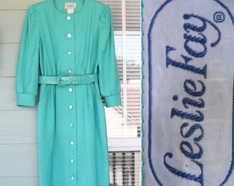 80s Turquoise Shirtwaist Dress - Size 10