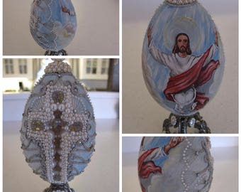 Vintage Decorated Actual Egg, FABERGE STYLE EGG, Religious-Themed, Handmade, Hand-painted Egg, Egg Art, Egglery, Eggery