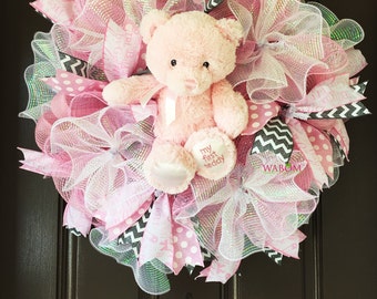 Deluxe Pink Burlap Baby Girl Wreath, Hospital Door Wreath, It's a Girl Wreath, Baby Girl Gift for New Mom, Baby Bear Wreath
