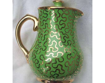 Vintage Sudlow's Burslem Coffee Pot, Made in England, Green, Gold, Hard to find