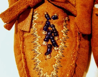 Vintage Baby Moccasins, Handmade, Soft Suede, Hand Beaded, Fringe, Native American Indian, Blue Seed beads, Papoose, Leather, Brown