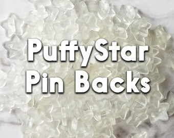 Puffy Star pinbacks, clear glitter stars, kawaii star rubber pin caps, bulk order glitter star backers, clear rubber stars with glitter