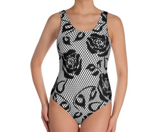 Black Lace Rose One-Piece Swimsuit
