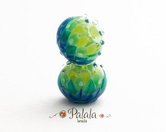 Pair of blue and green Lampwork Glass Beads for earrings, Dahlia lampwork beads, Petal lampwork beads