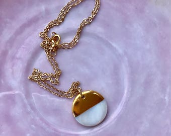 Gold dipped pendant, gold dipped shell, disk pendant, round pendant, gold plated chain, gold dipped necklace, white and gold necklace, gold