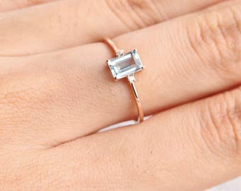 Emerald Cut aquamarine ring in solid 18k rose gold, Diamond Engagement Ring, Alternative Engagement Ring