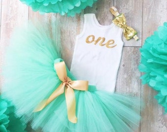 Mint and Gold Birthday Dress Tutu Outfit for Baby Girls | Toddler Girls | 1st Birthday Dress | Cake Smash Tutus | Cakesmash Birthday Outfit