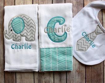 Baby Boy Elephant Burp Cloth Set, Monogrammed Baby Boy Elephant Burp Cloth Tie Bib, Personalized Baby Boy Gift, Chevron Elephant Baby Gift