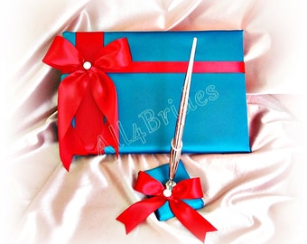 Wedding Guest Book and pen set, turquoise and red wedding accessories