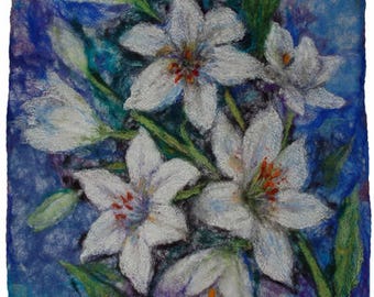 Felt painting white lilies, Painting with wool, Felt wall art, Fiber art mixed media, Textile art, OOAK