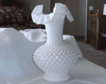 Vintage Milk Glass Hobnail Double Crimp Vase