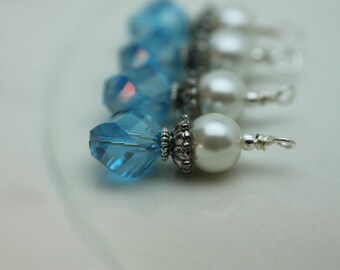 Vintge Style Aqua Blue Helix Rhombus and White Pearl Bead Dangle Charm Drop Set - Earring Dangle, Charm, Drop, Pendant
