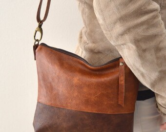 Two tone crossbody bag, Medium shoulder purse, Distressed leather bag purse