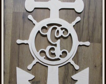 Nautical Door Hanger with Letter - Unpainted Wood - 22" size - Anchor and Ships Wheel - Wood Letter - Wall Hanging - Monogram