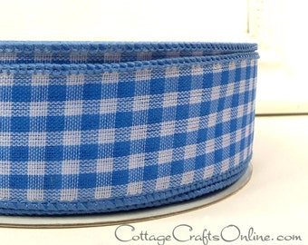 Wired Ribbon, 1 1/2" wide, Light Blue White Gingham Check Plaid - FIFTY YARD ROLL - Offray - Summer, Spring, Craft Wire Edged Ribbon