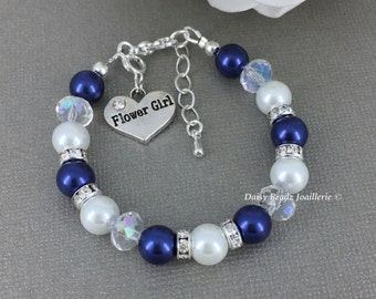 Flower Girl Bracelet Flower Girl Jewelry Flower Girls Gift Navy and White Flower Girl Pearl Bracelet Pearl Jewelry for Flower Girl