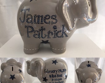Personalized Large Gray Navy blue elephant Piggy Bank Newborns , Birthday,Girls,Flower Girl,Baby Shower Gift Centerpiece