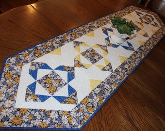 Blue and Yellow Quilted Table Runner, Butter Yellow and Blue Table Runner Quilt, Floral Bed Runner Quilt, Quiltsy Handmade Dining Decor